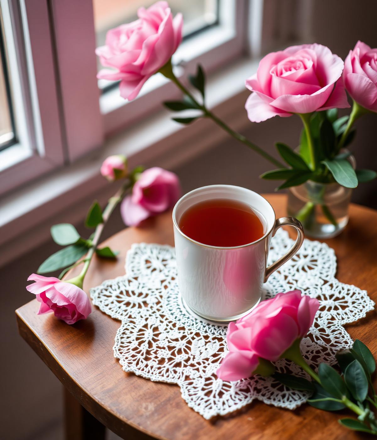 A warm cup of tea beside pink roses